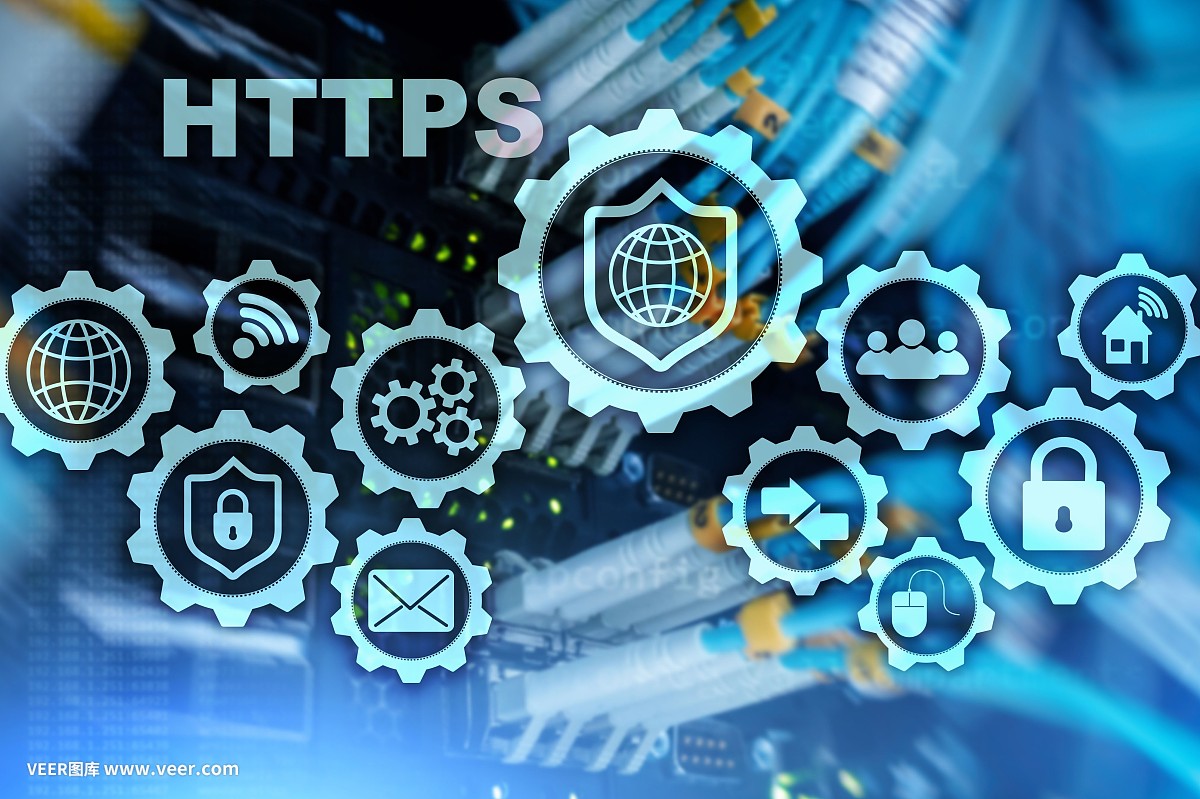 HTTPS。超文本传输协议安全。服务器室背景的技术概念。网络安全web服务的虚拟图标。